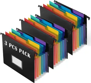 7-Pockets Hanging File Folder with Retractable Hooks for Filing Cabinet, Letter Size Expandable Accordion File Organizer with Elastic Band for File Frame or On-The-Go Use (3 Pack)