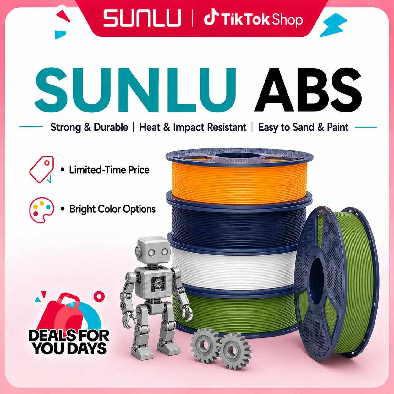 SUNLU ABS 3D Printer Filament 1KG, Strong & Durable | Heat & Impact Resistant | Easy to Sand & Paint | Built for Functional Parts | ±0.03 mm Accuracy-9729