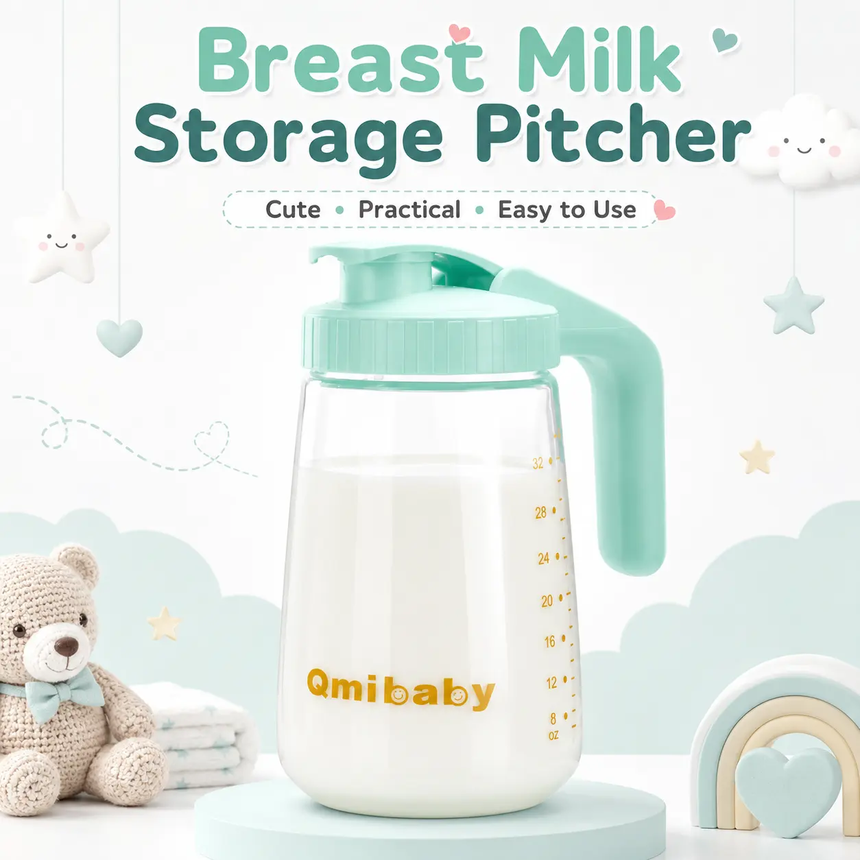 Aesthetic Glass Breast Milk Pitcher 34oz, Cute Green Milk Storage Container for Breastfeeding Moms, Leakproof Baby Feeding EssentialSuitable for breastfeeding and milk storage