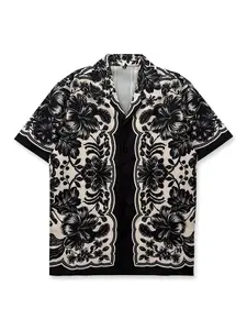 Vintage Floral Print Blouse, Symmetrical Art Design, Casual Fitted Shirt, Short Sleeve, Tropical Hawaiian Style, Aloha Button Shirt, Perfect for Daily Wear