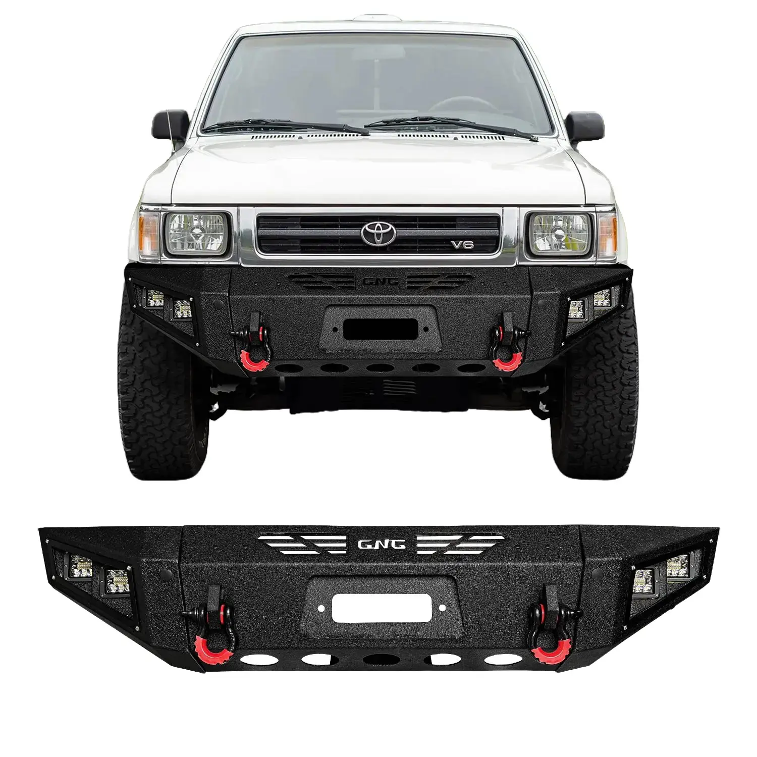 TIOYAR Steel Front Bumper with Black Texture, Winch Plate, Built-in Lights, 2 D-Rings, Enhance Safety, Improve Visibility for 1989-1995 Toyota Pickup - Off-Road Performance Car Body Repair Part Simple screw installation