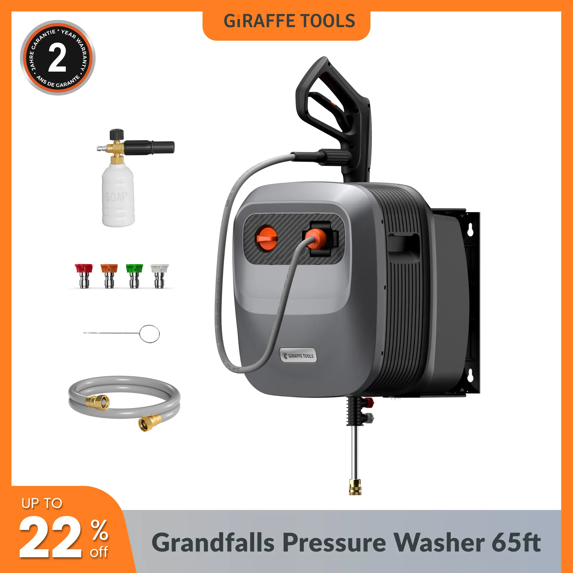 Giraffe Tools Grandfalls Retractable Pressure Washer G20 with 65FT Hose Reel 2400 PSI 2.0 GPM 4 Nozzles for Car, Patios, and More, 180° Swivel Bracket