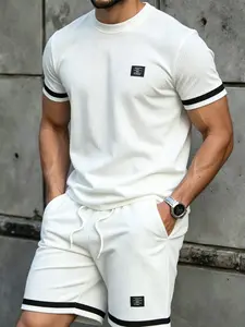 Men's Waffle Knit 2 Piece Set | Colorblock Stripe Sleeve & Shorts Patch Design Casual Streetwear Outfit