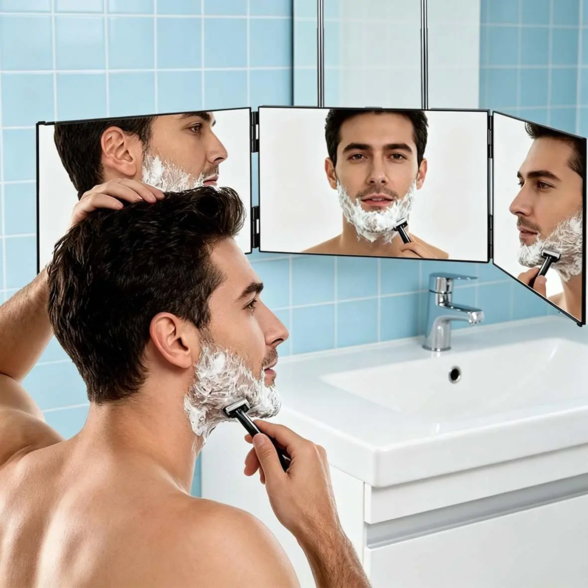 3-Sided Integrated HD Vanity Makeup Three Way Mirror Foldable Telescopic Adjustable Dual Placement Design Practical Grooming Mirror For Daily Use