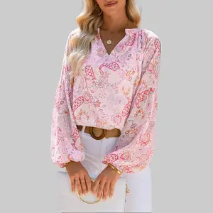 Shewin 2026 Spring/Summer Women's Romantic Ditsy Floral Chiffon Peplum Ruffle V-neck Long-Sleeve Boho Cottagecore Blouse Soft Girls Coastal Grandma Aesthetic Summer Shirt S-XXL - Womenswear SpringStatements