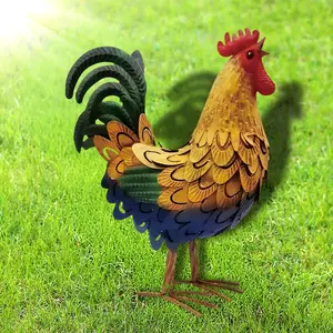 Iron Art Rooster Figurine Outdoor Flat Ground Insert Garden Courtyard Decoration Realistic Animal Landscape Gardening Decor