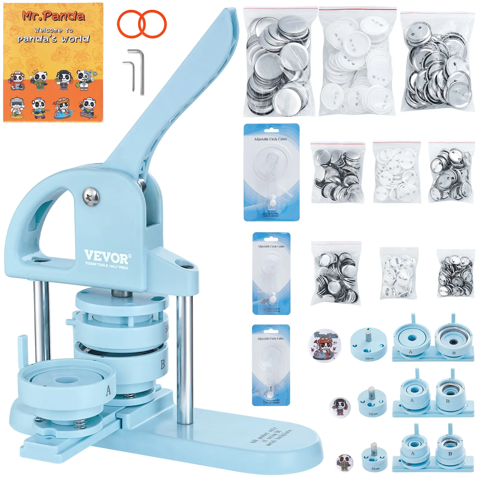 【summerfinds】VEVOR 3-IN-1 Button Maker, 1/1.25/2.28 inch(25/32/58mm) Pin Maker, 300pcs Button Parts, Button Maker Machine with Panda Magic Book, Ergonomic Arc Handle Punch Press Kit, For Children DIY Gifts, Blue