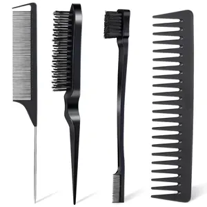 4Pcs Hair Styling Set for All: Bristle Edge Brush, Teasing Comb, Rat Tail Comb, Wide Tooth Comb for Combing, Smoothing and Styling Hair (Black)