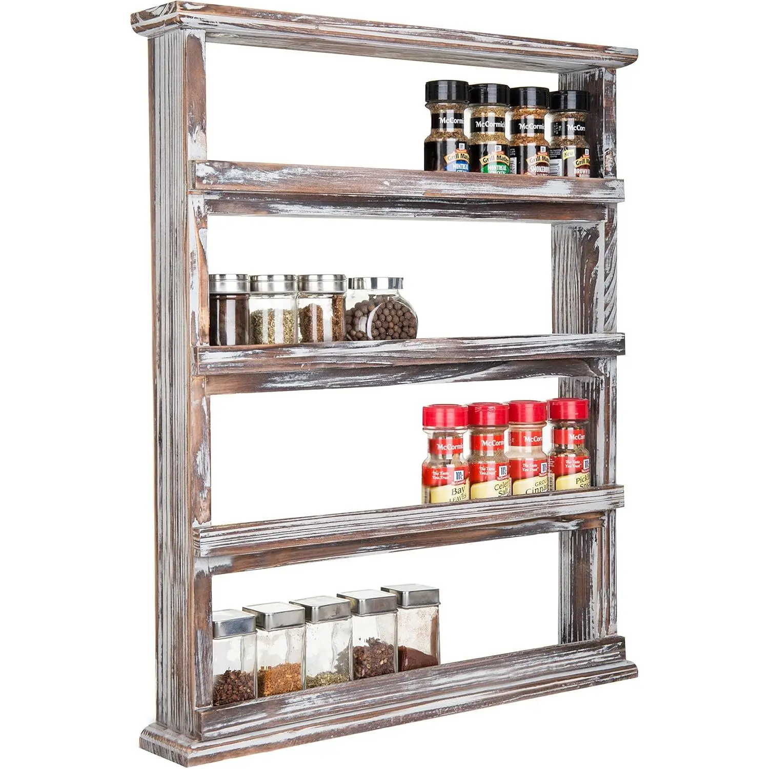 Rustic Torched  Wall Hanging  Rack, 4 Tier Seasoning Jar Shelves Pantry Organizer