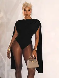 Elegant Coffee Color Cape-Style Jumpsuit, High Stretch Design, Front Ruched Collar, Back Cut-Out, Perfect for Parties and Evening Events, Womenswear