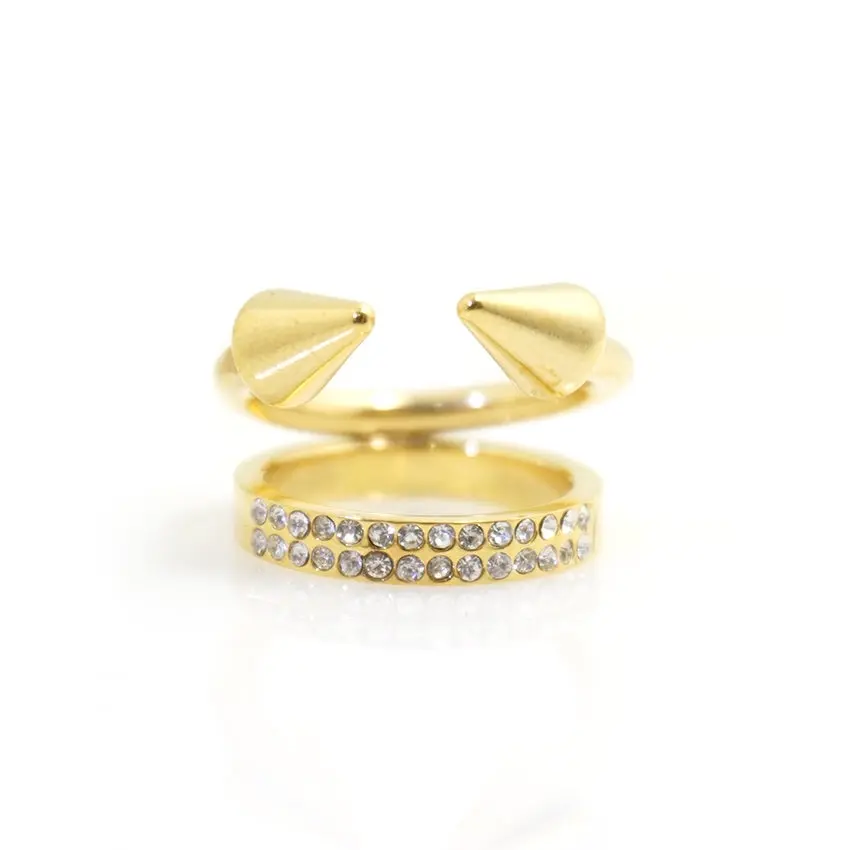 Funky Double Spike Pave Cubic Zirconia Ring - Gold-Plated Stainless Steel, Corrosion-Proof, Sparkly Spiked Design for Adults' Daily Edgy Casual Look