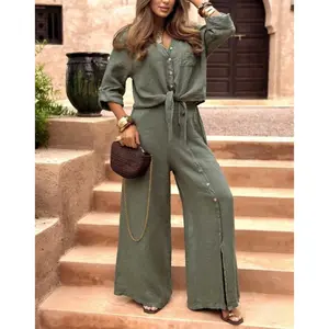 Women's 2-Piece Boho Set, Long Sleeve V-Neck Button Down Shirt, High Waist Wide Leg Pants, Breathable Lightweight Casual Outfit for Summer Soccer Game Day