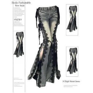 Low Rise Split Bootcut Pants Women Spring Eyelets Lace Up Flare Jeans Retro Stitch Slim Bell Bottoms Streetwear  Womenswear Check Trouser Denim Black