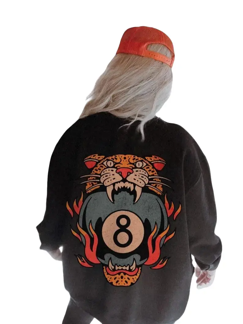 Retro Lucky Leopard Sweashirt & Hoodie Traditional Tattoo 8 Ball Shirt Grunge Streetwear Lucky Me Yallternative Aesthetic Hoodie Vintage Western Crewneck