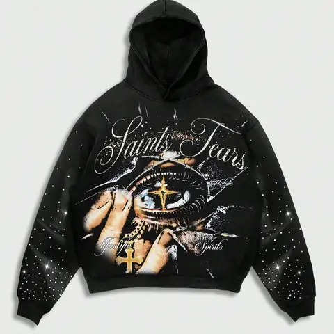 Men's Hoodie with Saints Tears Geometric Graphic, Eye & Cross Design, Rhinestone Embellished Sleeves, Loose Fit, Long Sleeve, Streetwear Style, Sweatshirts, Hooded Sweatshirts, Hoodies Streetwear, Menswear