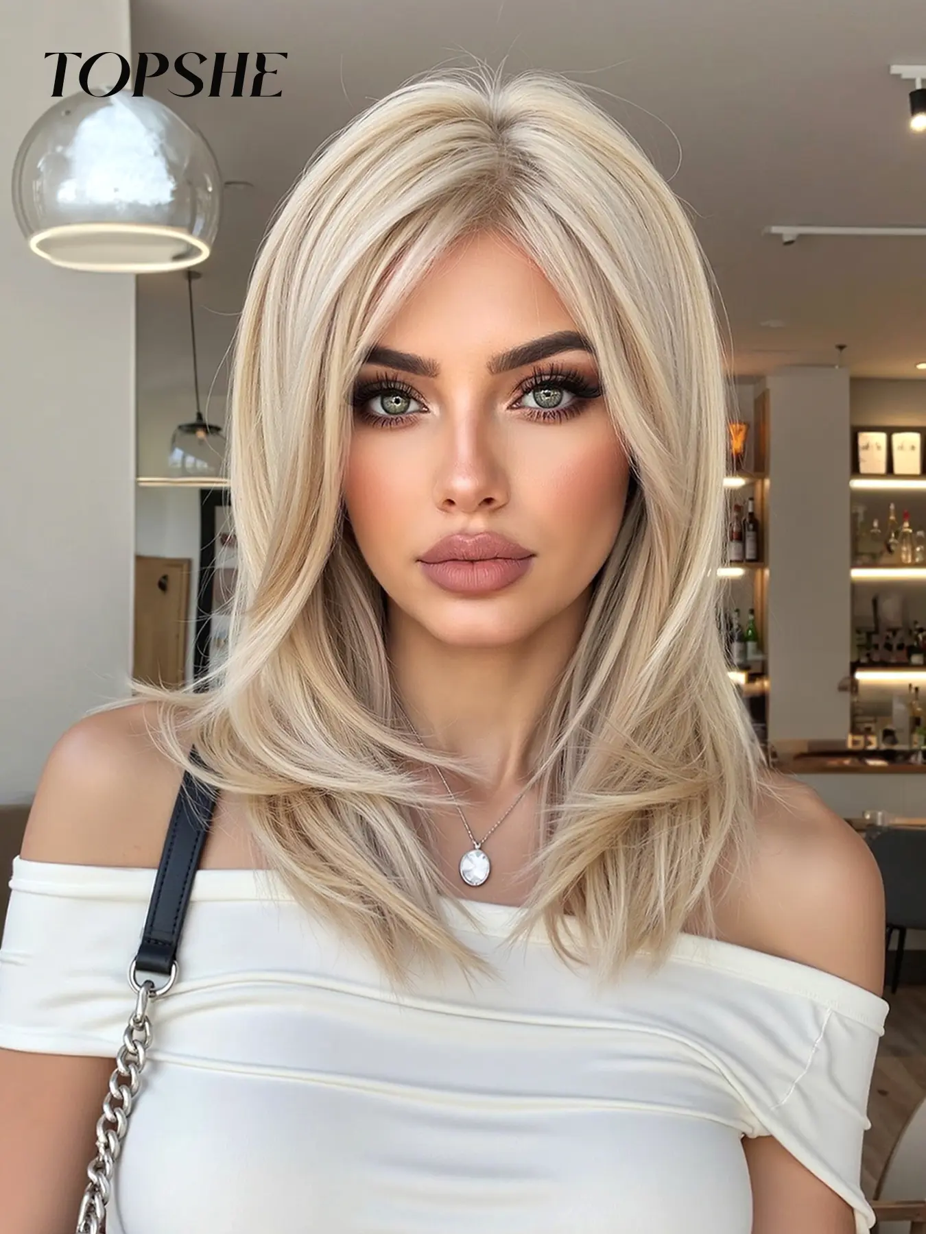 Women's Medium Length Straight Wig with Bangs, HD Lace Front Mono Hairpiece, Shoulder-Length Layered Synthetic Wig for All Seasons, Layered Straight Wigs, Premium Synthetic Wigs