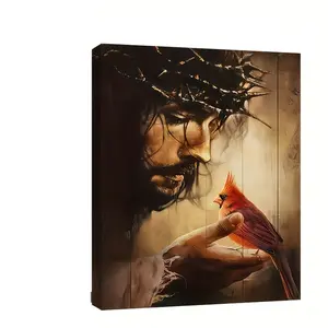 1pcs Canvas Painting with Wood Frame, Ready to Hang, Red Cardinal Canvas Painting Art Prints Wall Bedroom Living Room Home Decor Crown of Thorns Jesus Portrait Canvas Print Poster Picture with Frame Ready to Hang Art Gift for Her Him