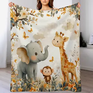 Watercolor Safari Animal Baby Blanket, Elephant, Giraffe & Monkey Nursery Throw, Soft Neutral Crib Blanket for Newborn Boys & Girls