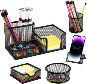 Mesh Pen Holder for Desk Pencil Holders 5 count Desk Organizer Office Supplies  with Sticky Notes Holder for Office School  Black