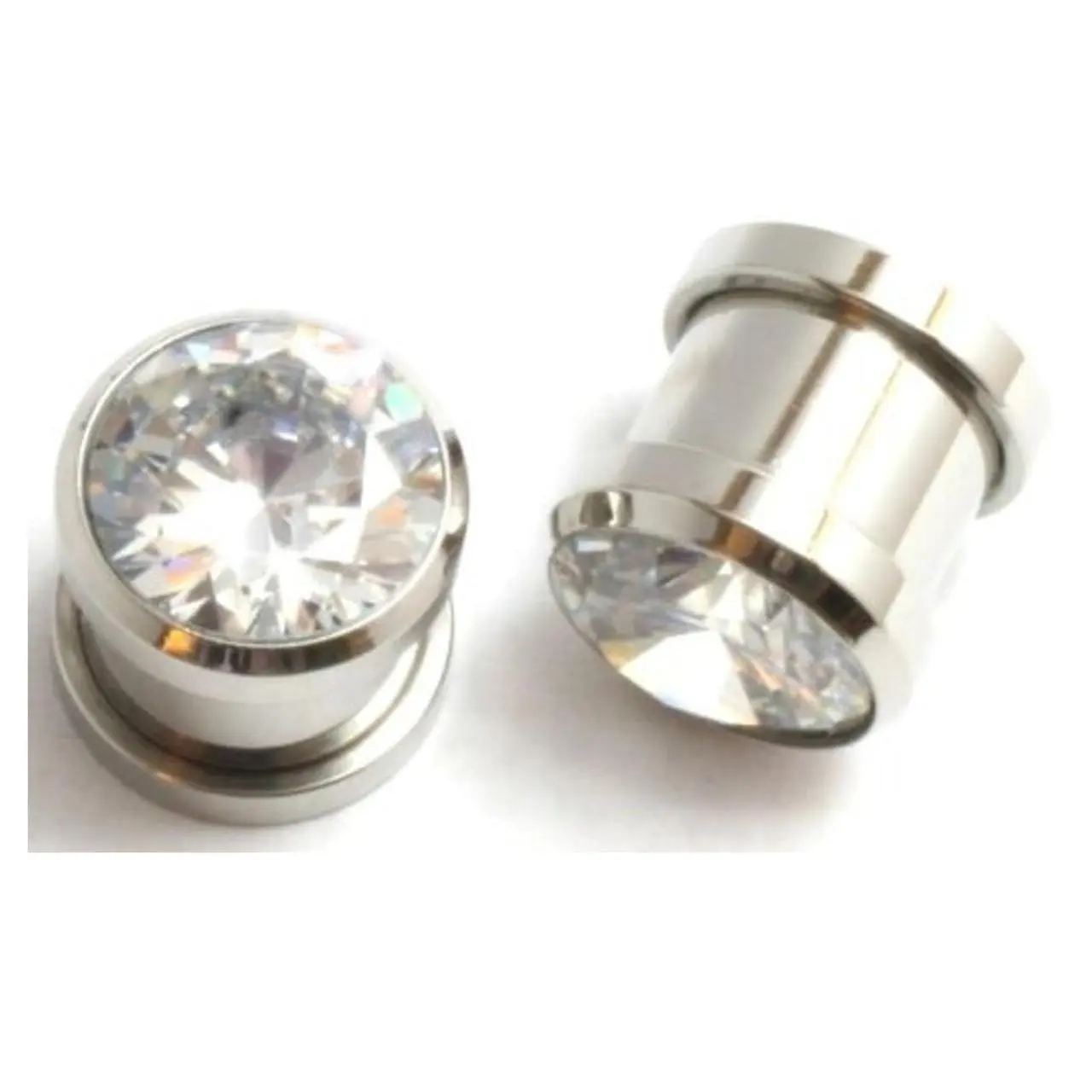 1/2" 12mm Pair Surgical Steel CZ Gem Screw Fit Steel Tunnels Ear Plugs Gauges