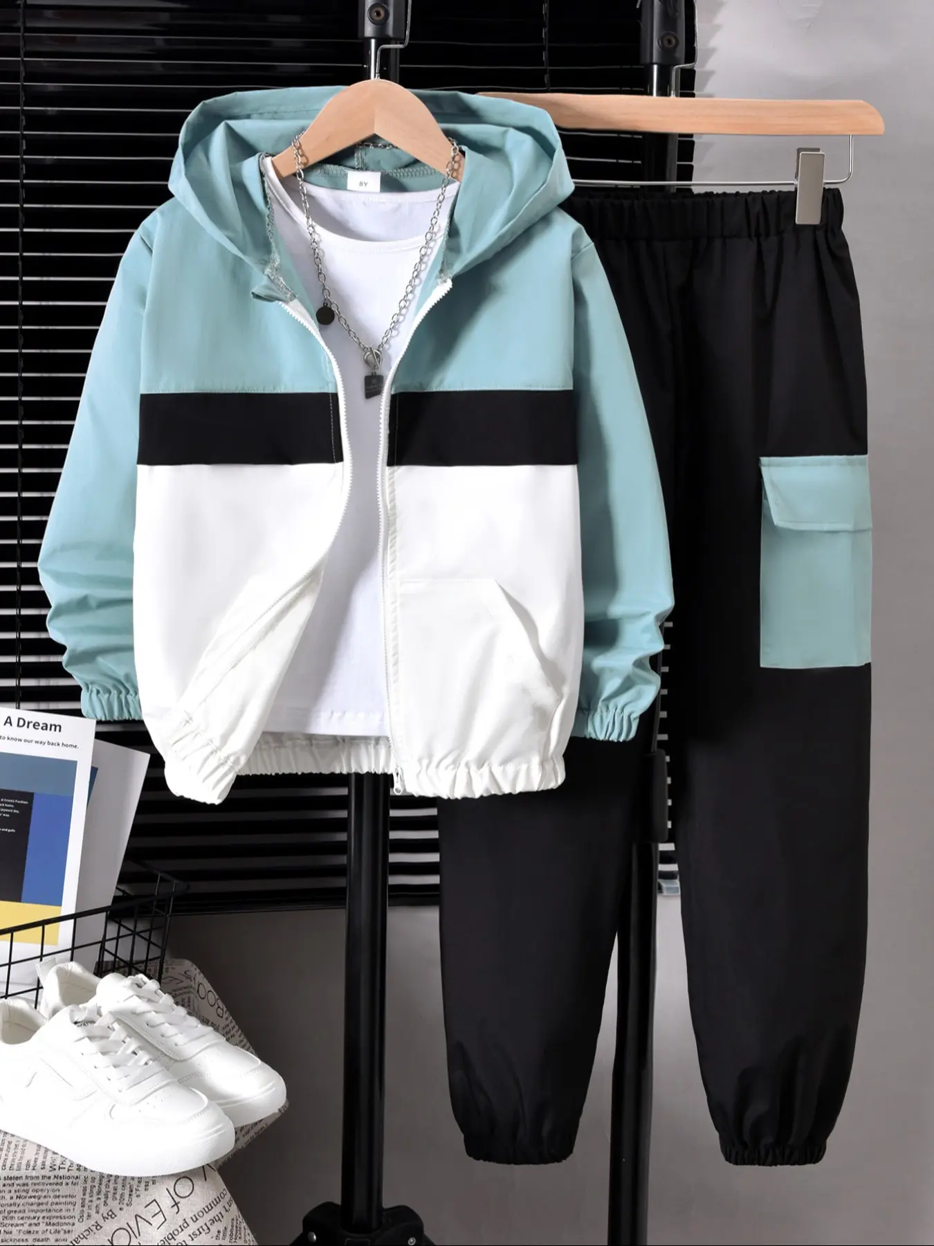 Boys' Fashion Zipper Hooded Windproof Jacket & Casual Comfortable Pants Matching Outfits Set, Colorblock Patchwork Design, Long Sleeve, Color Blocking Set, Outfit Sets