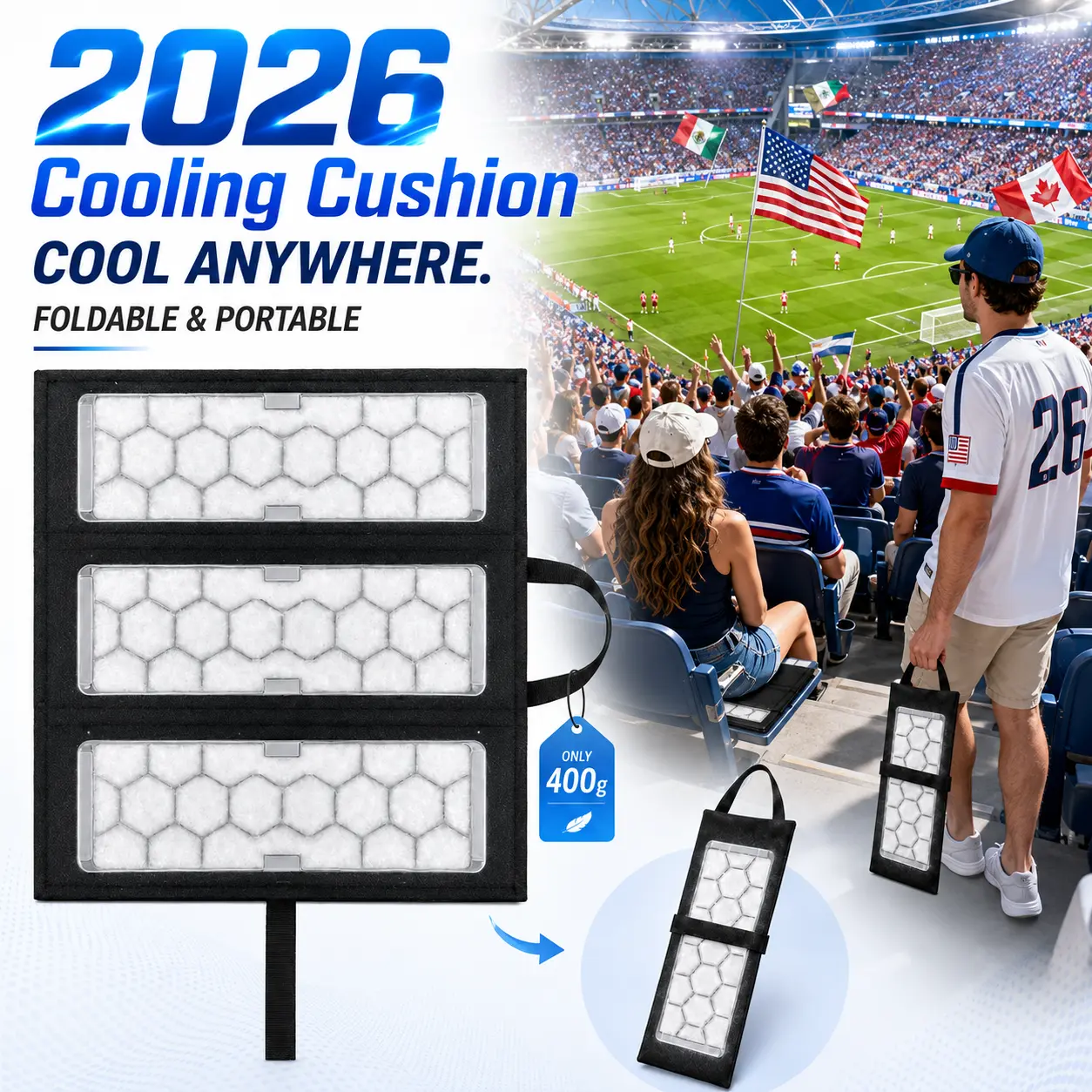 2026 PCM Cooling Cushion, 3-Fold Portable Cooling Seat Pad with Handle, 3-Piece Removable PCM Cooling Inserts, Non-Slip Back, Lightweight Comfortable Foldable Cushion for Summer Outdoor, Stadium, Camping, Office, Games