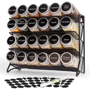 Rack Organizer with 24 Glass Jars and 60 Labels, 4-Tier Seasoning Organizer for Cabinet, Countertop, Pantry or Wall Mount, Rust-Resistant Carbon Steel  Jar Set with Marker