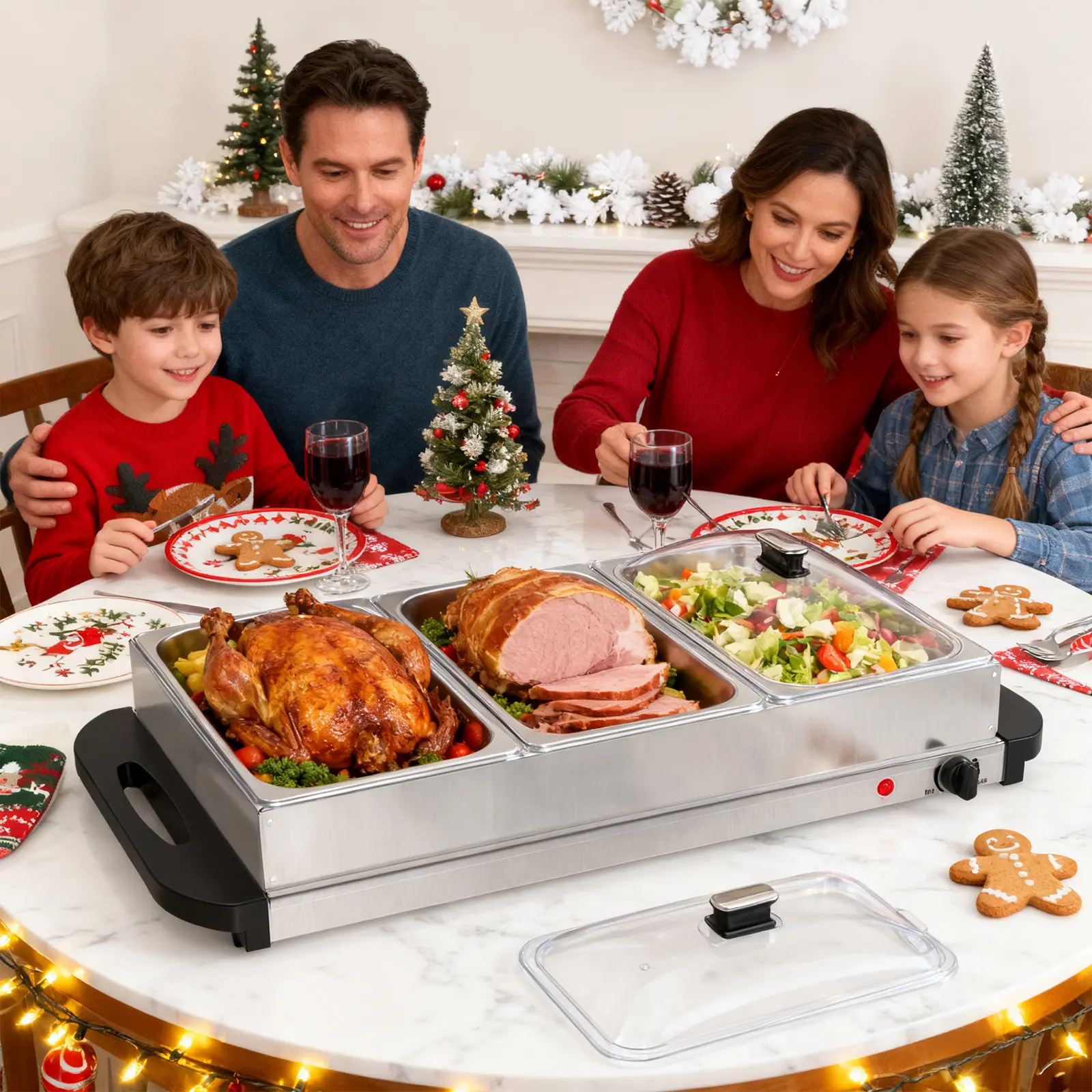 Triple Buffet Server, 7.5Qt Electric Food Warmer with Lids, Silver 2-in-1 Food Warming Tray, Adjustable Temperature, Dishwasher Safe, 430 Stainless Steel Trays, for Parties Catering Restaurant