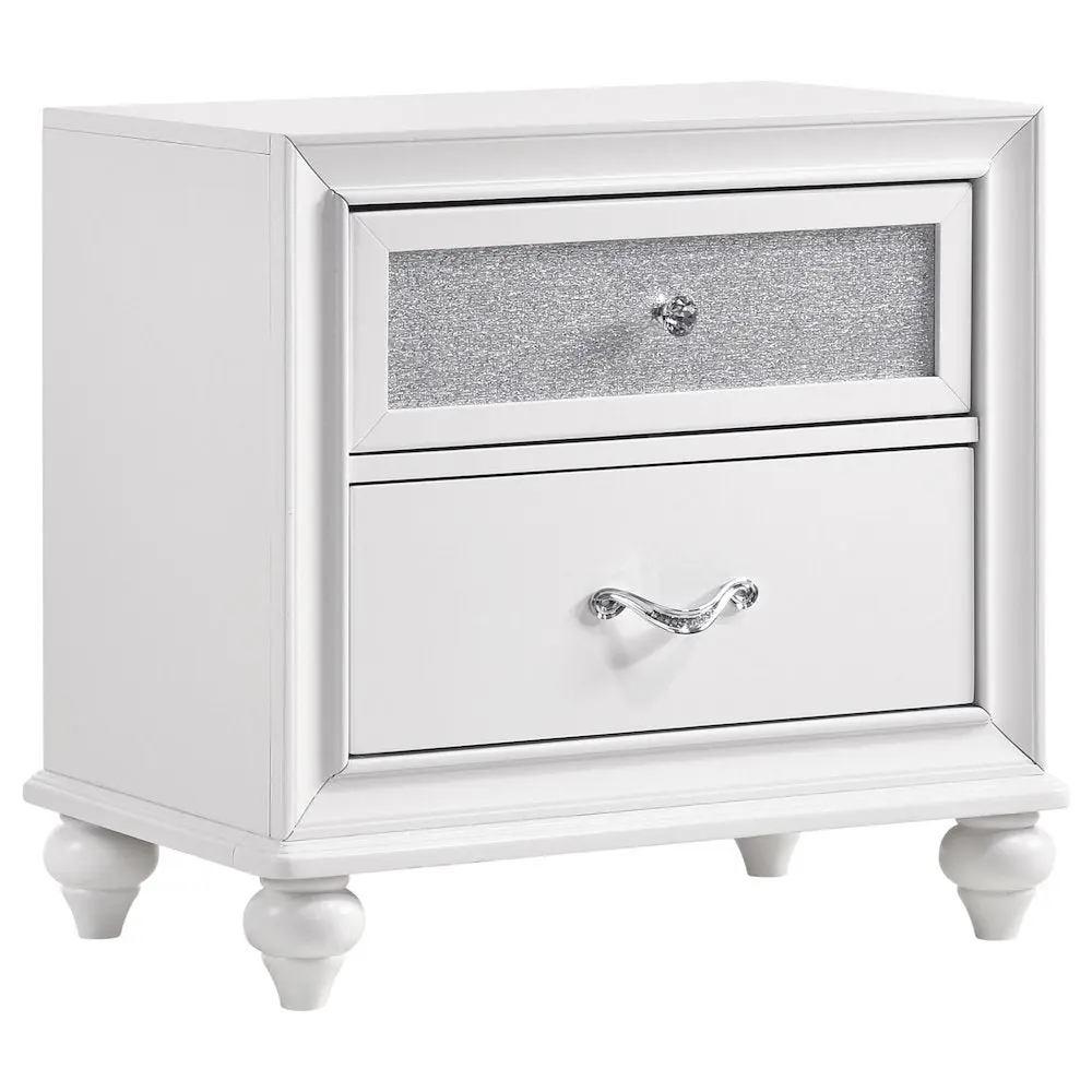 Barzini 2-Drawer Nightstand, White Modern Bedroom Indoor Furniture, Storage Organizer, Acrylic Plastic Crystal-Gleam Pull Design, Glam Meets Classic Tables & Desks