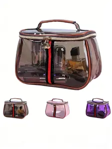 New Vintage Makeup Bag with Handle, Transparent Cosmetic Storage Pouch, Transparent Vanity Bag, Large Capacity Waterproof Women's Toiletry Bag, Travel Skincare Organizer