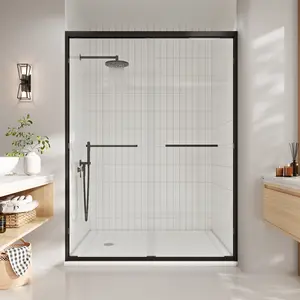 56-60" w x 72" h Double Sliding Glass Shower Door, Semi-Frameless Bypass Sliding Shower Door, 1/4 Inch Clear Tempered Glass Door for Walk-in Shower, Matte Black