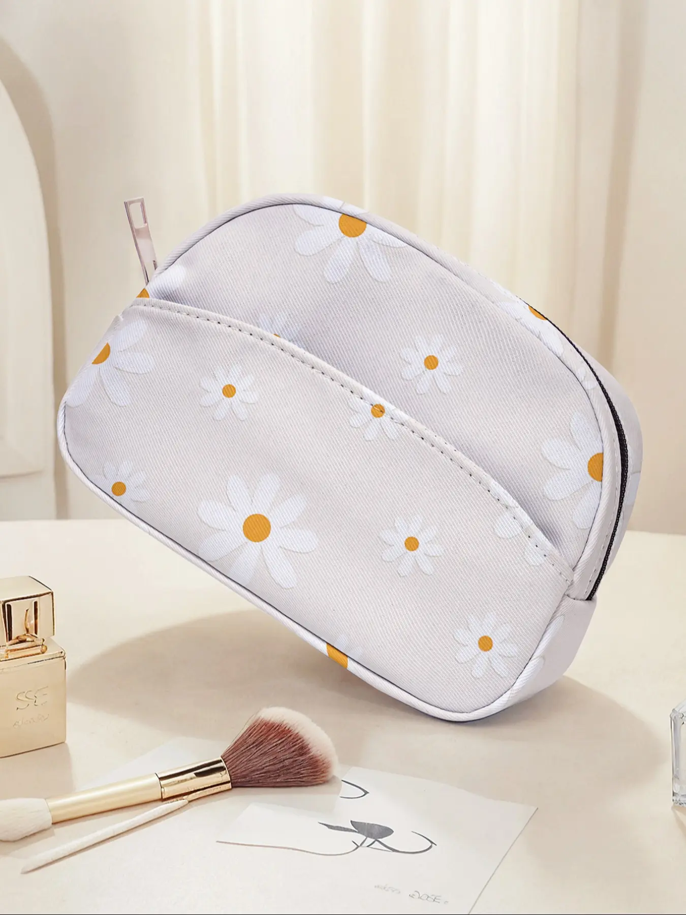 Portable Daisy Pattern Travel Cosmetic Bag, Brush Holder Organizer, Large Capacity Toiletries Storage Pouch, Cute Fashion Makeup Bag