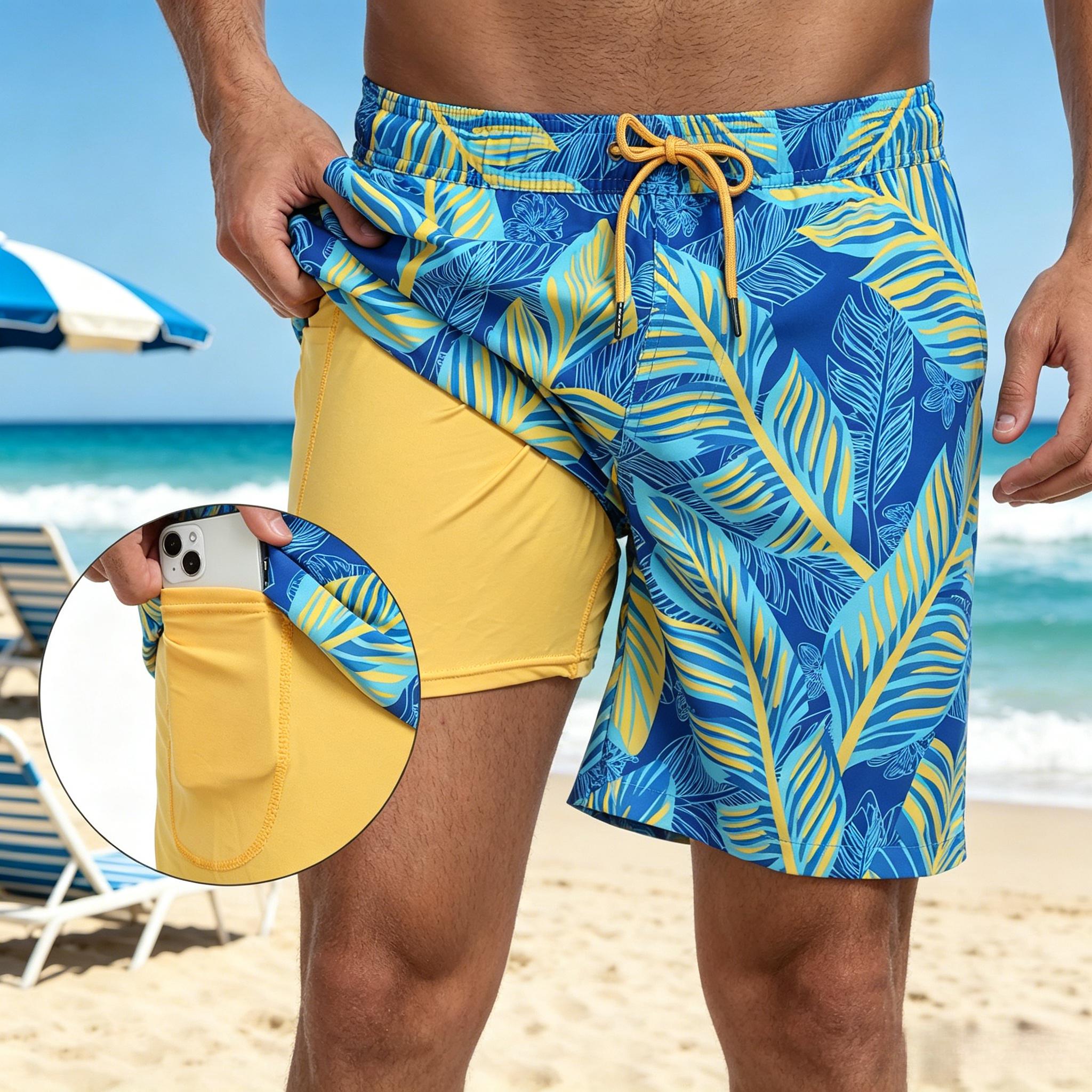 Quick-dry surfing shorts, comfortable elastic men's beach swim trunks, sporty casual printed shorts