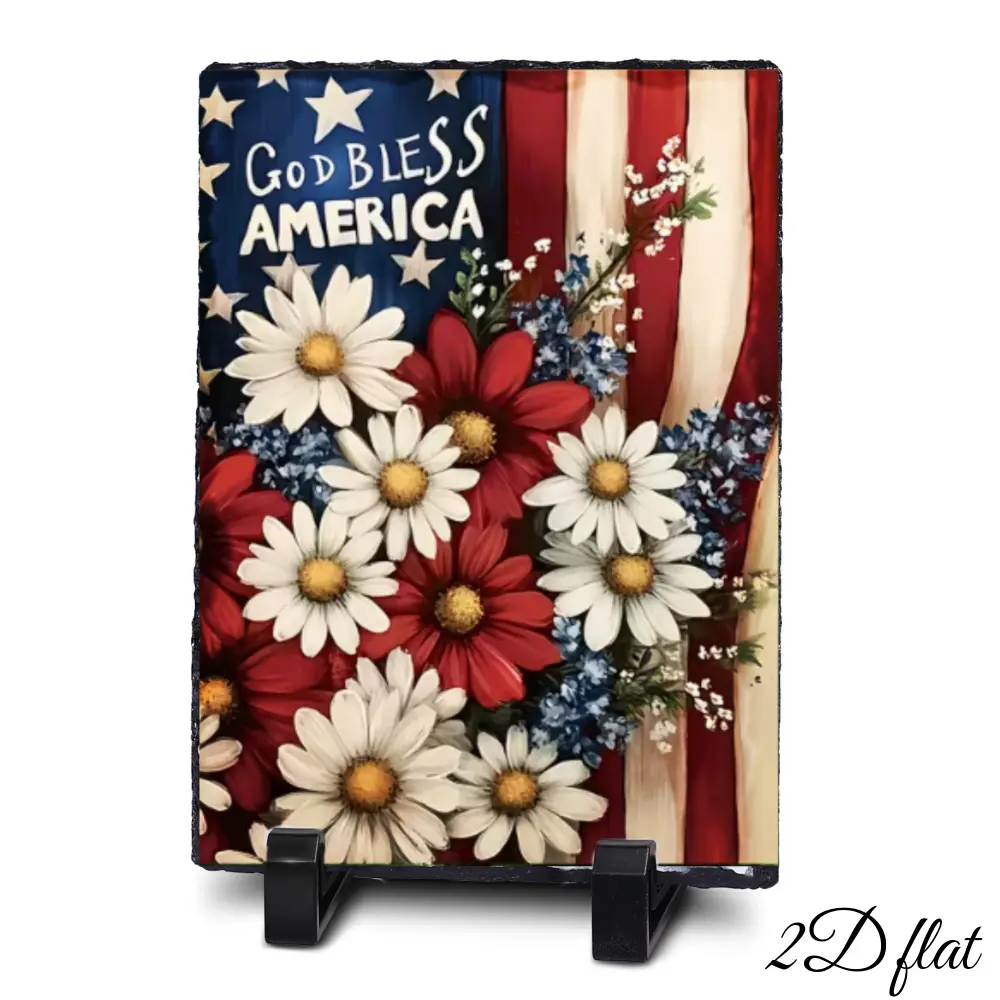 4th of July Independence Day Decor,Patriotic Sublimation Slate Plaque, American Flag Themed Heat Transfer Stone Photo Frame with Display Holder, Memorial/Veteran/God Bless America Desktop Ornament, USA Patriotic Home Decor