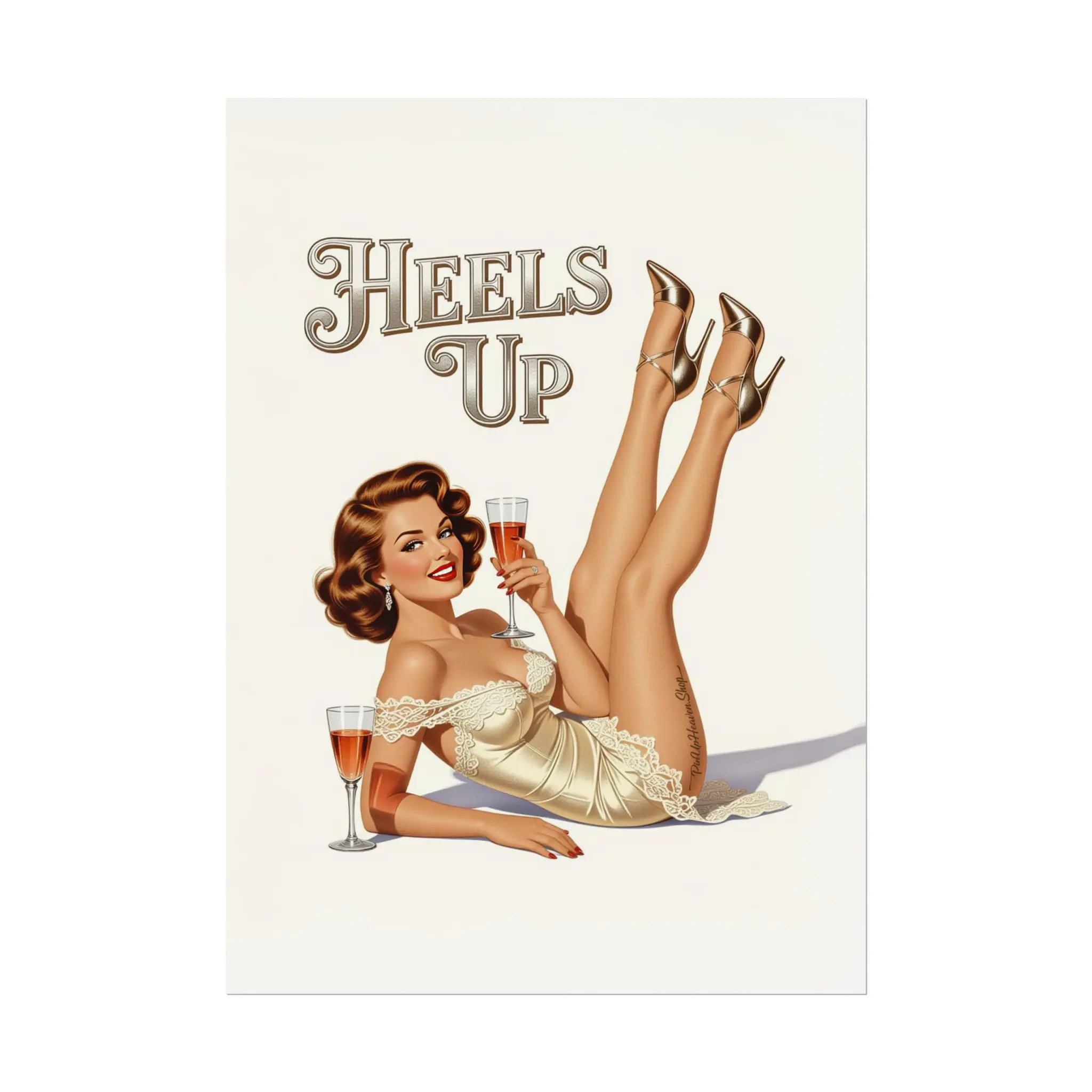 Vintage Pin-Up Poster - Heels Up,  Champagne Pin Up, Classic Style,  Retro Decor, Retro Home Bar Wall Art, PinUp Heaven Collection