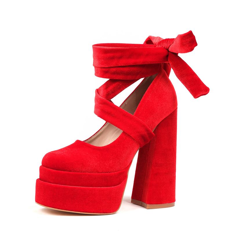 CYNLLIO Womens Mary Jane High Heels Square Toe Cross Tied Lace Up Bow Slip On Comfy Platform Chunky Heeled Dress Outing Wedding Party Casual Cosplay Spring Pump Shoes Valentine Gifts