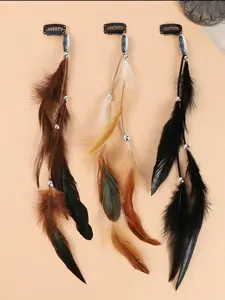 Boho Style Feather Design Hair Clips Set, Vintage Synthetic Feather Hair Accessories with Tassels, Tassel Detailing, Long Ethnic Headbands for Photoshoots, Beach Vacations, Beach Outings