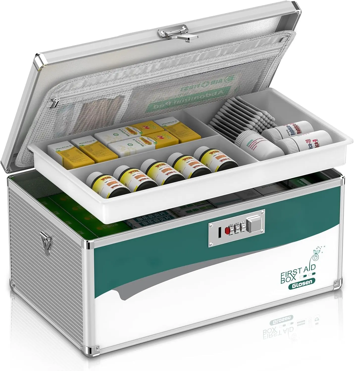 Medicine Lock Box with Code, 2-Layer Aluminum Alloy Medicine Organizer Box with Removable Tray, Medication Lock Box with Shoulder Strap for, Travel & Office (16x9.25x7.5In)