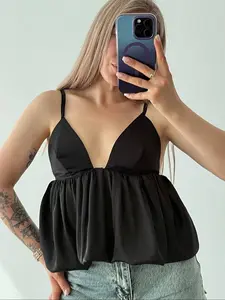 Women's Summer Fashion Satin Halter Top, V Neck Sleeveless Backless Elegant Ruched Sexy Party Tank Top