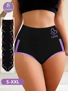 Women's Contrast Trim Letter & Heart Print Mid Waist Panty, Soft Comfortable Breathable Tummy Control Knicker for Daily Wear, Underwear for All Seasons, Fashion Comfy Underwear