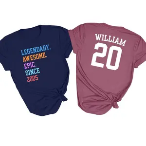 Legendary awesome epic since 2005 personalized birthday shirt for men and women, custom name and number unisex t-shirt, soft cotton athletic style tshirt, vintage aesthetic graphic tee for 20th birthday parties and gifting.