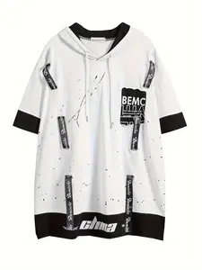 Men's Patchwork Print Hooded Hoodie Tee, Casual Loose Round Neck Short Sleeve T-shirt for Summer, Fashion Casual Clothing Men's Top for Daily Wear, Sweatshirts, Menswear