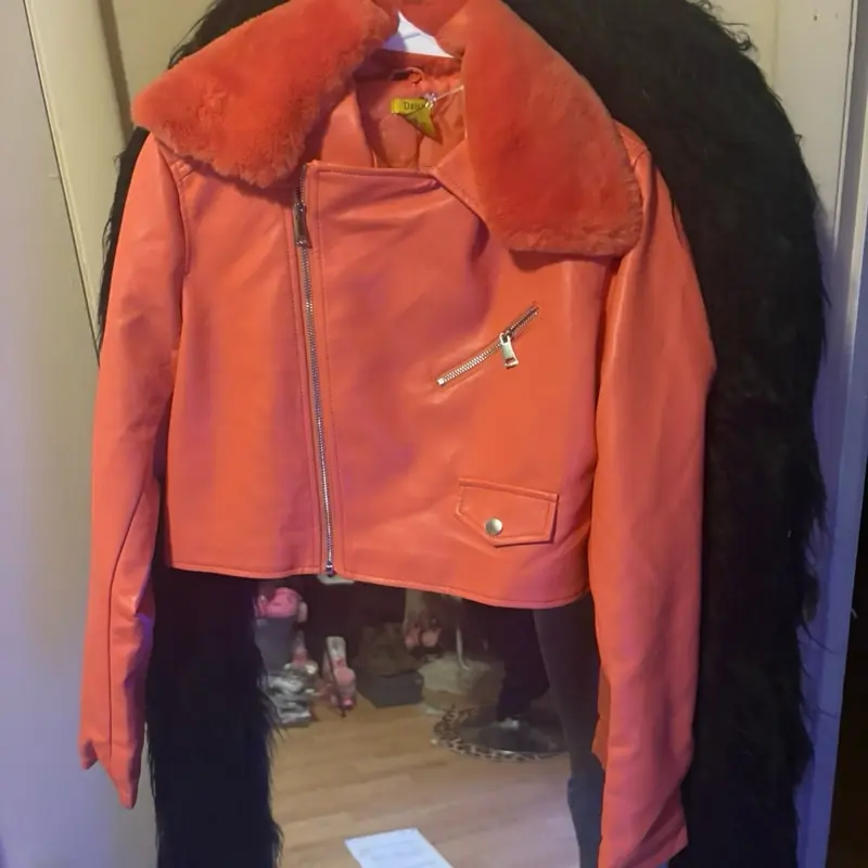 Brand new Peach leather coat with fur collar