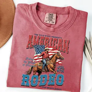 American Rodeo Shirt, July 4th Cowboy Tee, Retro Western Graphic Tee, Patriotic Horse Rider Shirt, Vintage USA Rodeo Shirt, Wild West Shirt