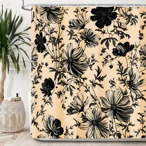 Vintage Floral Shower Curtain - Elegant Black & White Botanical Bathroom Decor with Beige Background, Machine Washable Polyester Fabric - Includes 12 Hooks for Spa, Bathroom, Home Decor - Timeless Floral Bathroom Window Treatment, Bathroom Decor And Acces