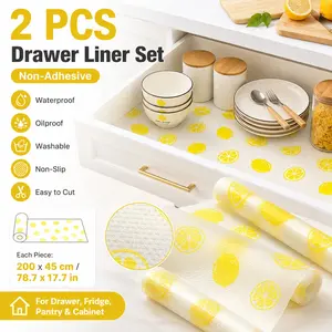 2Pcs Lemon Print Drawer Liner Mats, 200x45cm/78.7x17.7in Non-Adhesive Waterproof & Oilproof Cabinet Shelf Liners, Washable Non-Slip Easy-Cut Protective Cover Sheets for Kitchen Drawer, Fridge, Pantry, Cupboard, Closet & Shoe Cabinet