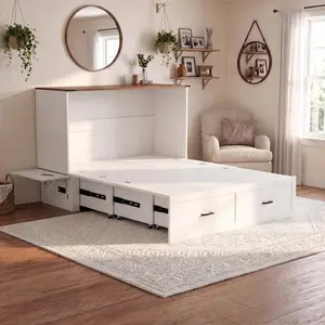 Murphy Bed with Storage & Charging Station, Noiseless Farmhouse Cabinet Bed with Foldable Panel & Large Drawer, Hideaway Platform Bed for Living Room, Guest Bedroom