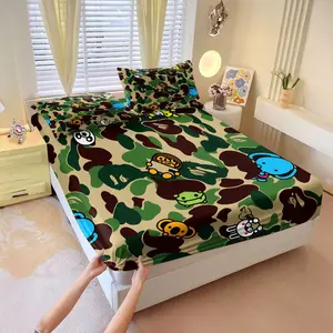 3Pcs Camouflage Cartoon Character Fitted Sheet Set, Playful Giraffe, Frogs, Bears & Bunnies on Military Camo Background, Soft & Cozy Bedding for Kids' Rooms, Perfect for Fun Decor!, Lncludes 1 Fitted Sheet, With 2 Coreless Pillowcases