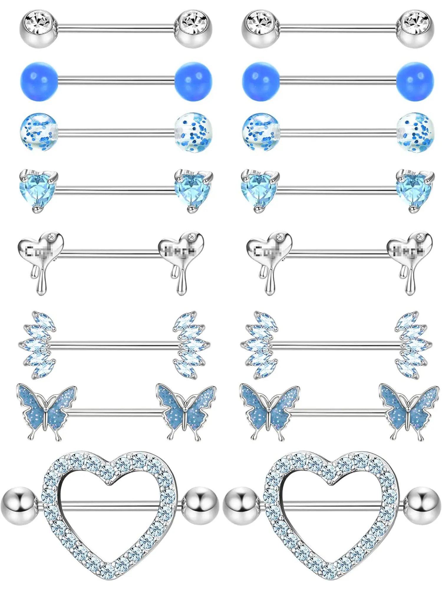8 Pairs 14G Nipple Bars Surgical Steel Nipple Piercing Set CZ Butterfly Nipple Rings Barbell Rings Ball Heart Nipple Bar Tongue Bar Nipple Piercing Jewellery Body Piercing for Women Body Piercings Set Body Piercing Jewelry