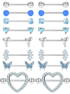 8 Pairs 14G Nipple Bars Surgical Steel Nipple Piercing Set CZ Butterfly Nipple Rings Barbell Rings Ball Heart Nipple Bar Tongue Bar Nipple Piercing Jewellery Body Piercing for Women Body Piercings Set